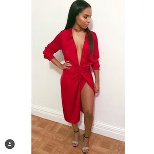 Red long sleeve deep plunge neck with high split